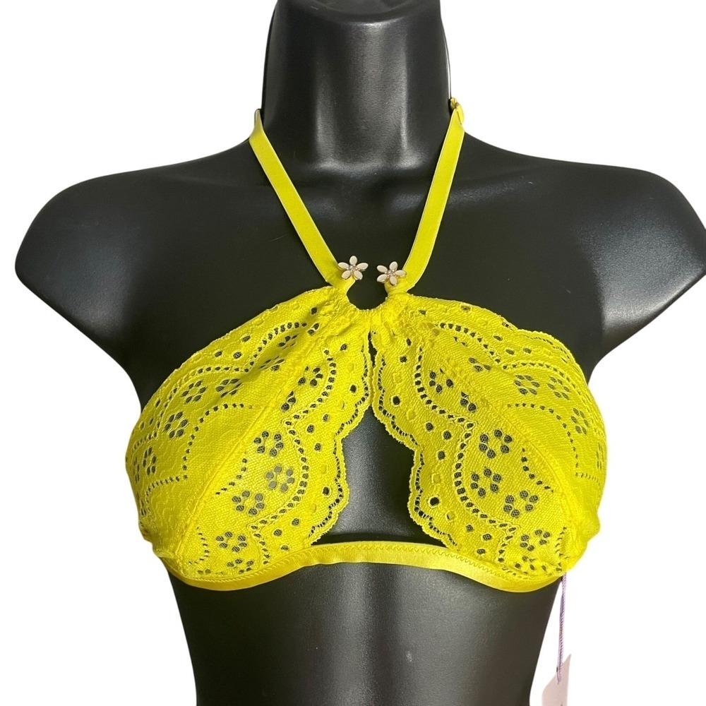 Savage X Fenty Bombshell Broderie Halter Bralette NWT Neon Yellow Lace Size S